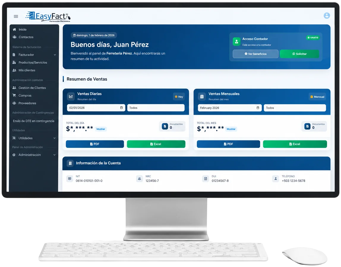 Dashboard de EasyFact con el acceso para contadores y el resumen de ventas de un cliente