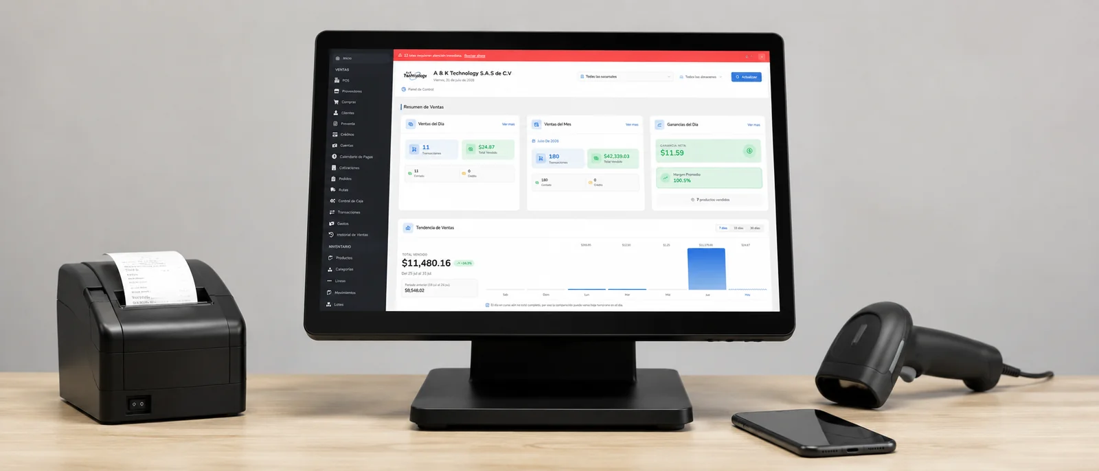 Hardware compatible con EasyFact POS: computadora, impresora térmica y lector de código de barras