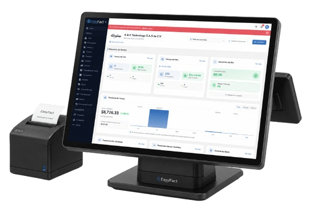 Terminal EasyFact POS con impresora térmica mostrando el panel de ventas e inventario